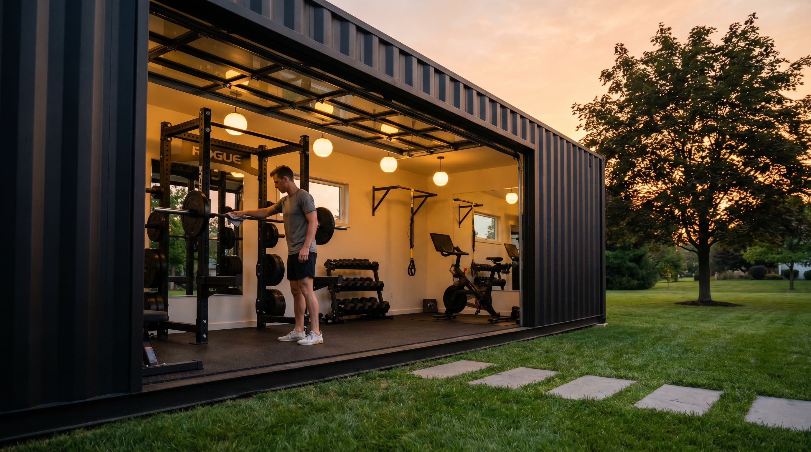 40ft high-cube shipping container converted into a modern backyard home gym with a power rack, rubber flooring, and the garage-style door rolled up to a suburban lawn