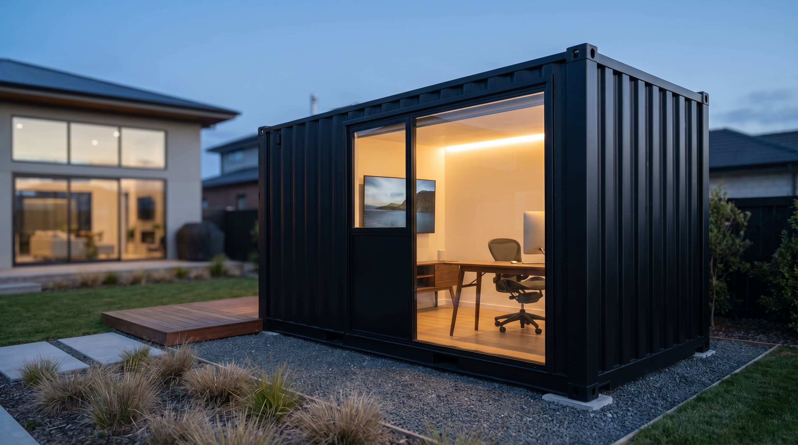 20ft shipping container converted into a modern backyard home office with floor-to-ceiling glass at dusk