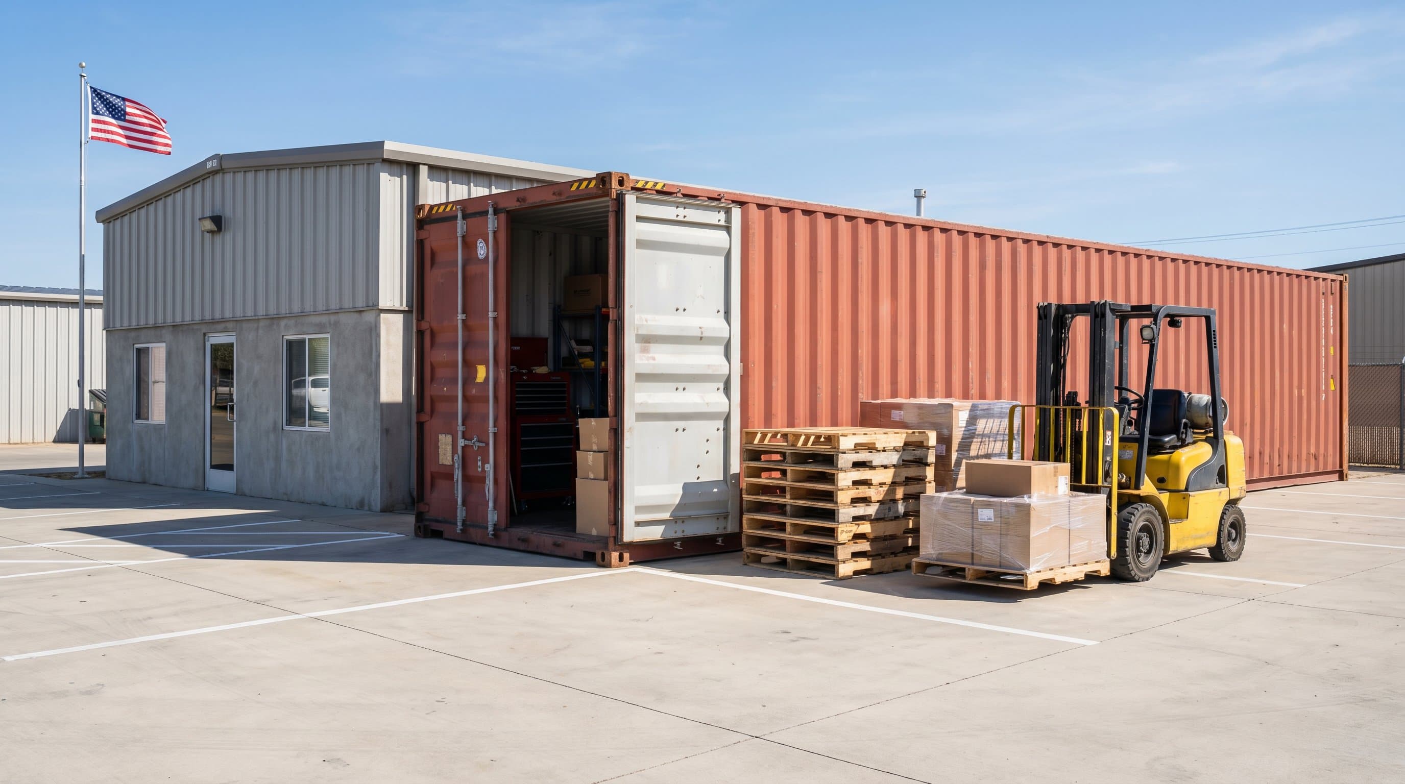 40ft shipping container used as secure on-site storage behind a small business with a forklift and pallets nearby