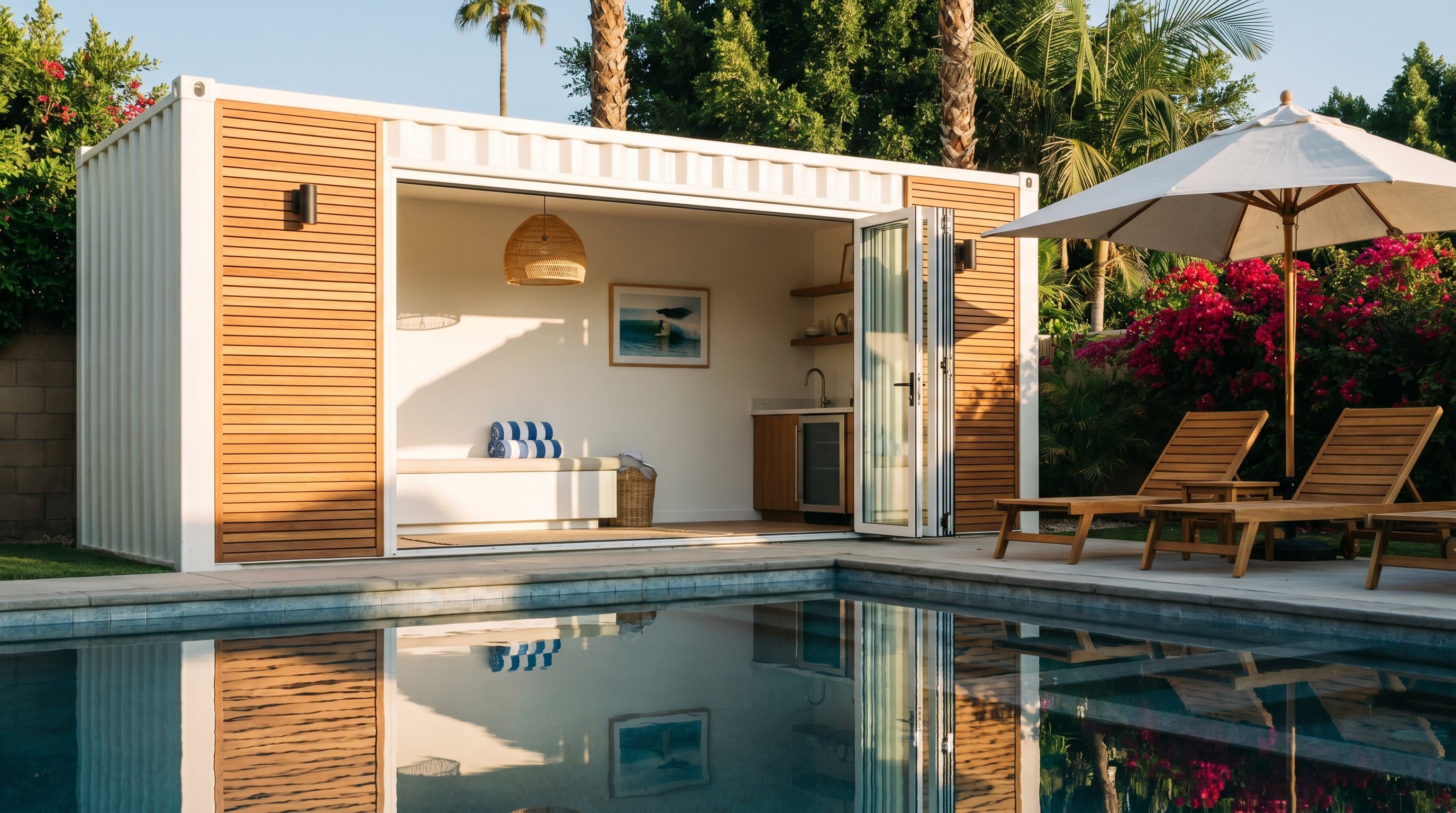 20ft shipping container converted into a modern poolside cabana with cedar-slat cladding and bi-fold glass doors opening onto a turquoise pool and teak loungers