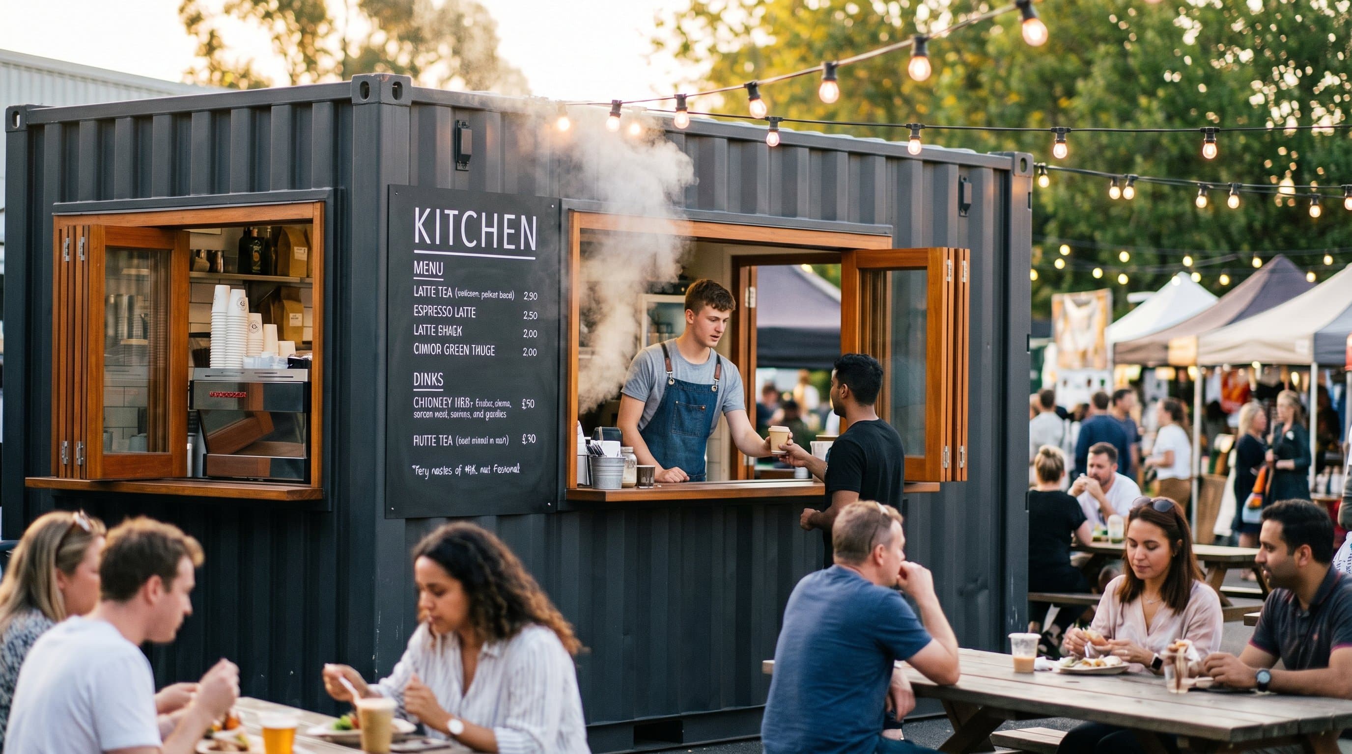 20ft shipping container converted into a modern food-and-beverage takeout kitchen at an outdoor food-hall market with string lights and customers