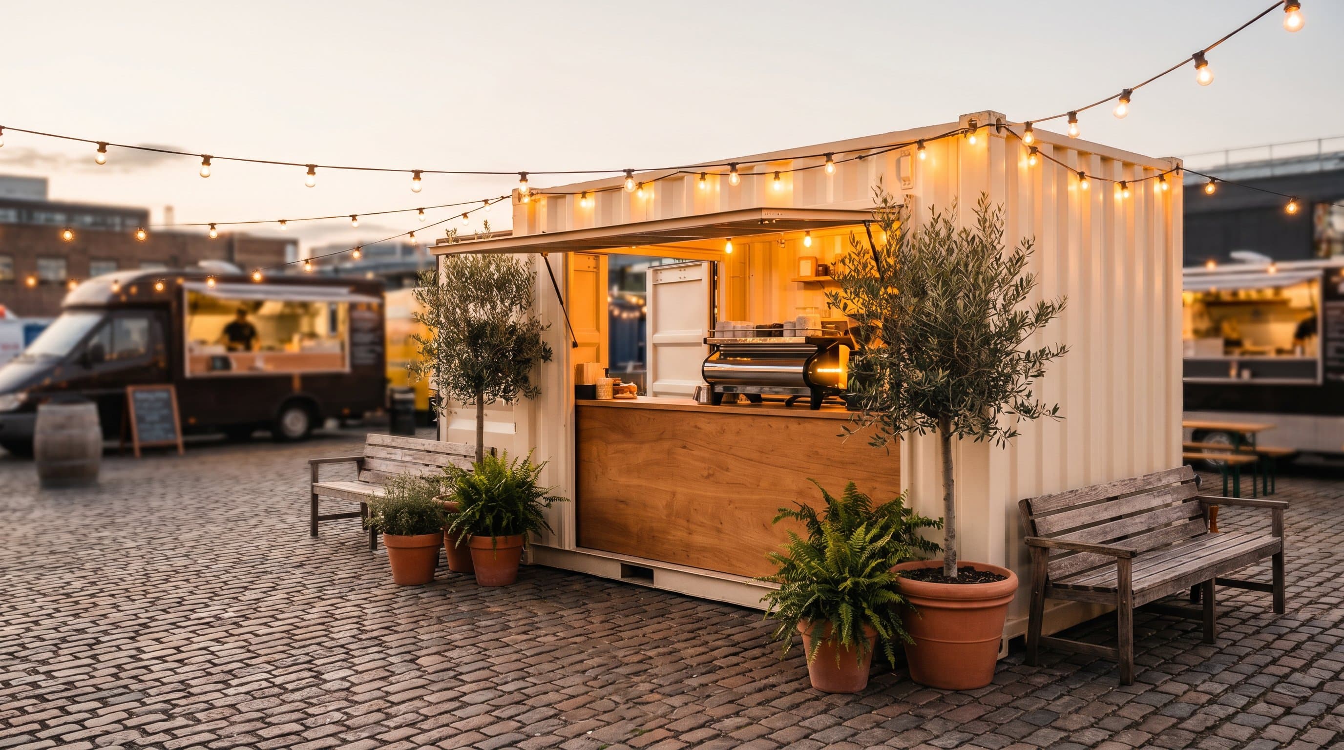 20ft shipping container converted into a modern retail pop-up coffee shop in an outdoor urban marketplace