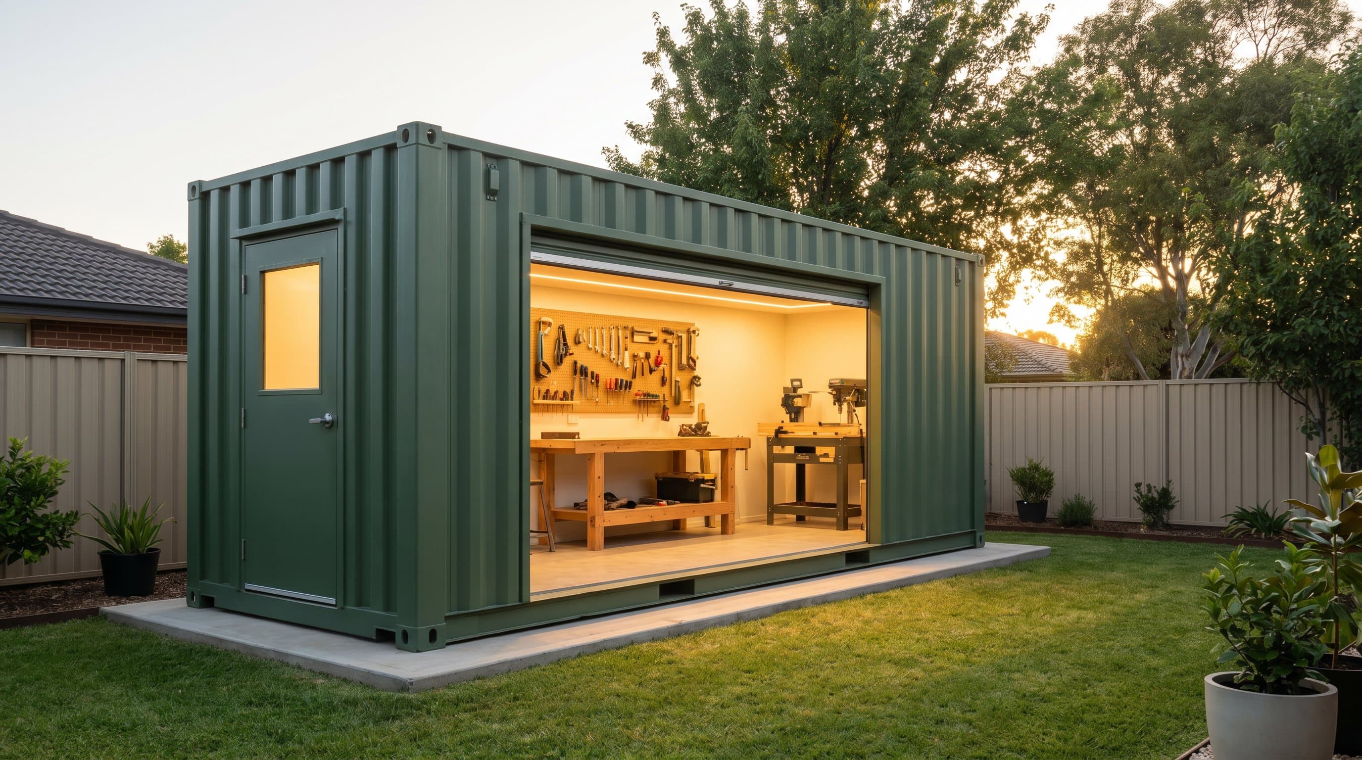 20ft shipping container converted into a backyard workshop with rolling garage door and warm interior lighting