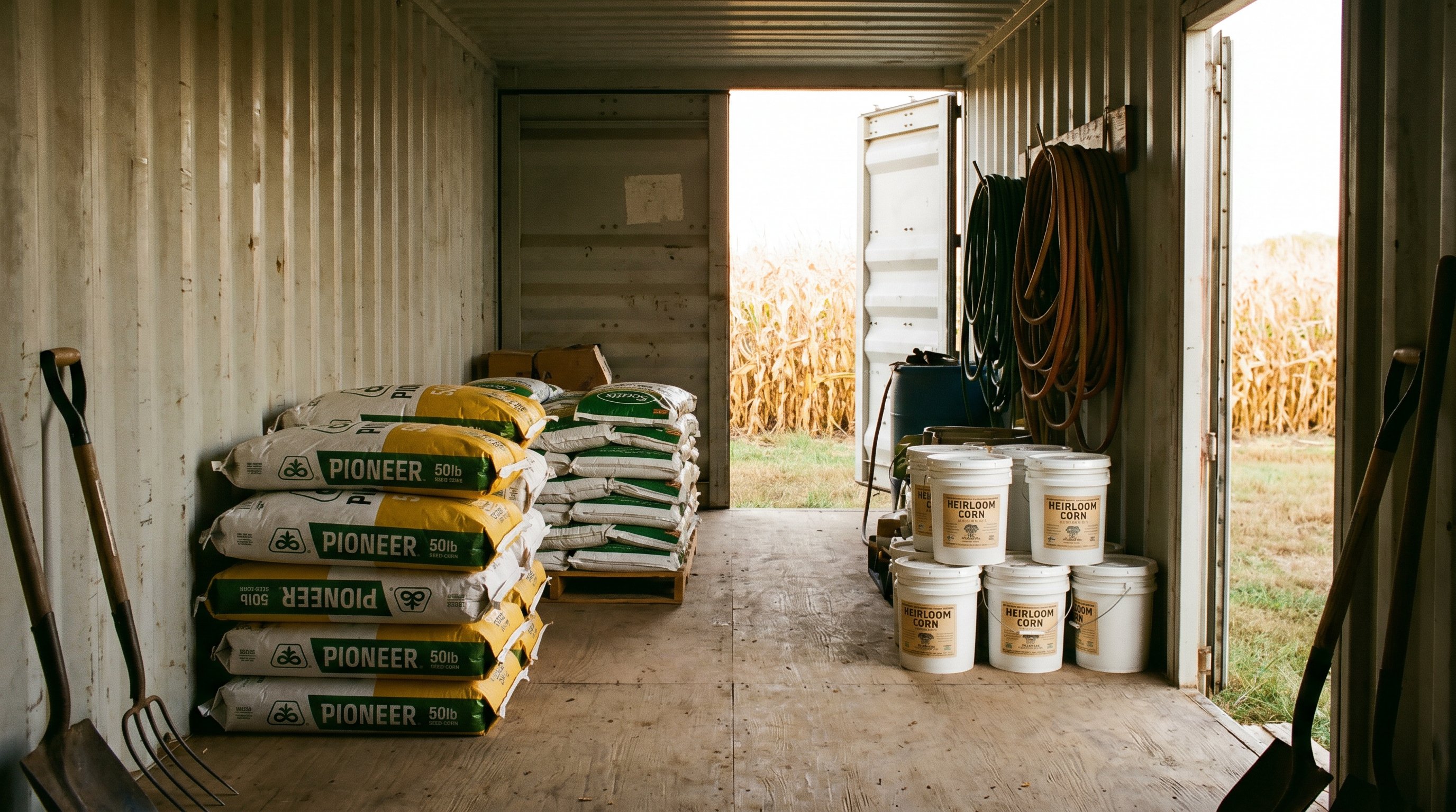 Interior of a 40ft shipping container on a Midwestern farm holding seed corn bags, fertilizer sacks, irrigation hoses, and shovels with an open door showing a golden corn field outside
