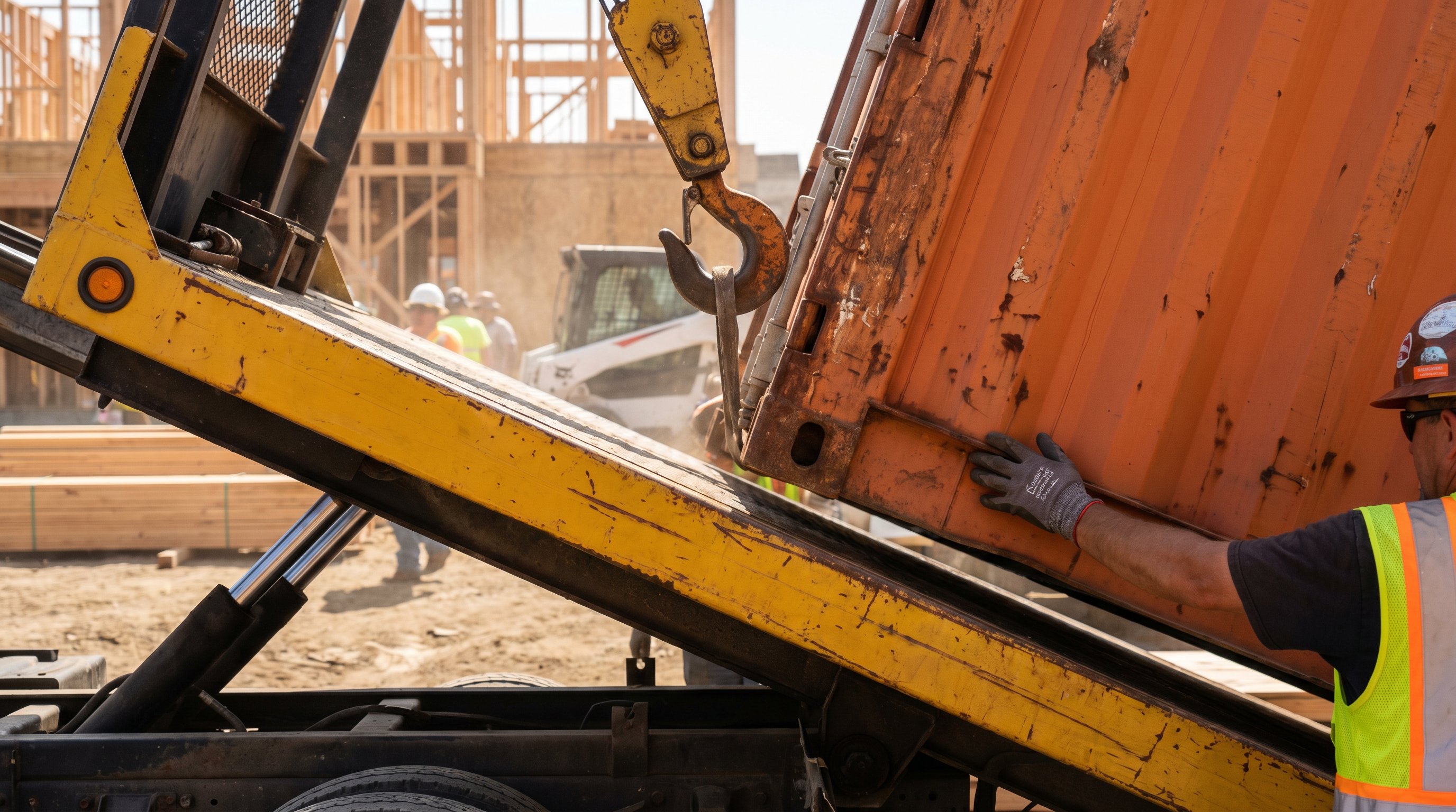 Close-up of a 40ft shipping container being tilt-bed delivered to an active construction jobsite with a rigger guiding placement