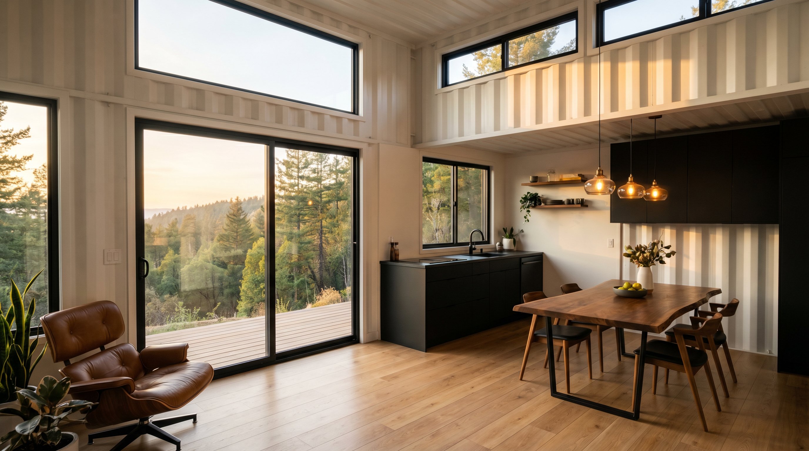 Architectural interior of a container home built from two stacked 40ft high-cubes, with warm white-oak floors, black-framed glass doors, and a forested hillside view