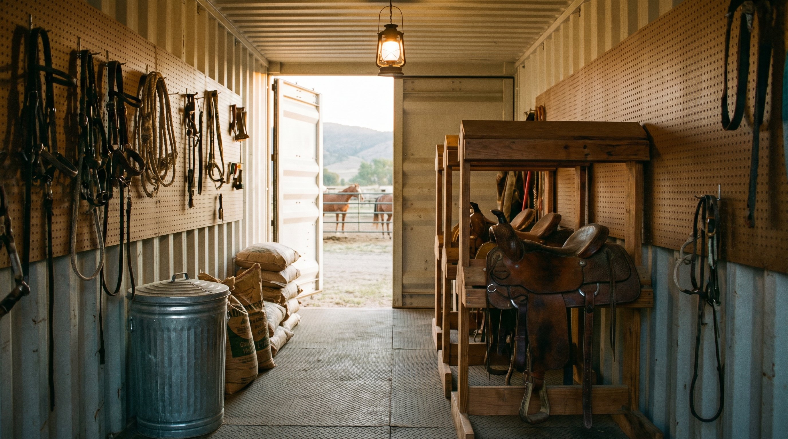 Interior of a 40ft shipping container used as a ranch feed-and-tack room with saddles on wooden racks, peg-board tack walls, and a feed bin
