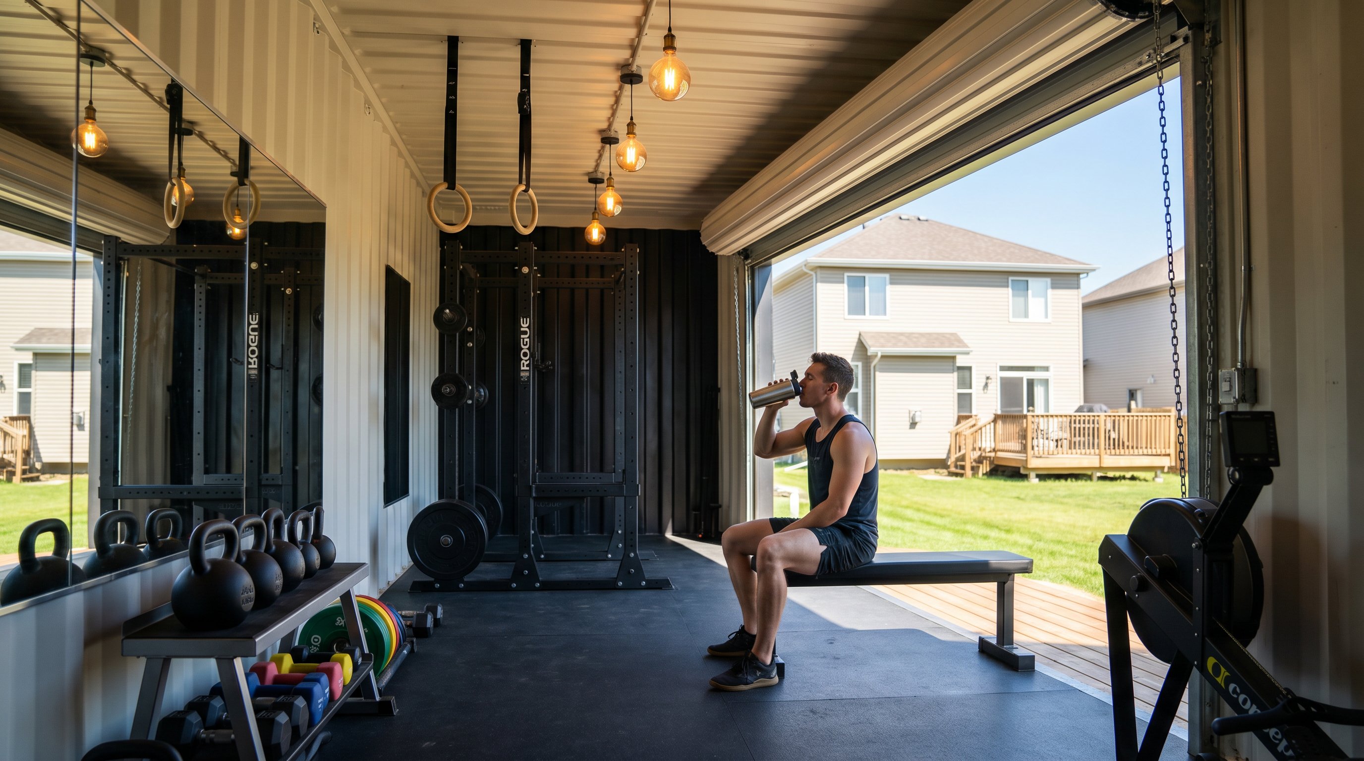 Interior of a 40ft HC container home gym with a Rogue power rack, barbell and plates, kettlebells, wall mirror, rubber mat flooring, and the garage-style door rolled up to a suburban backyard
