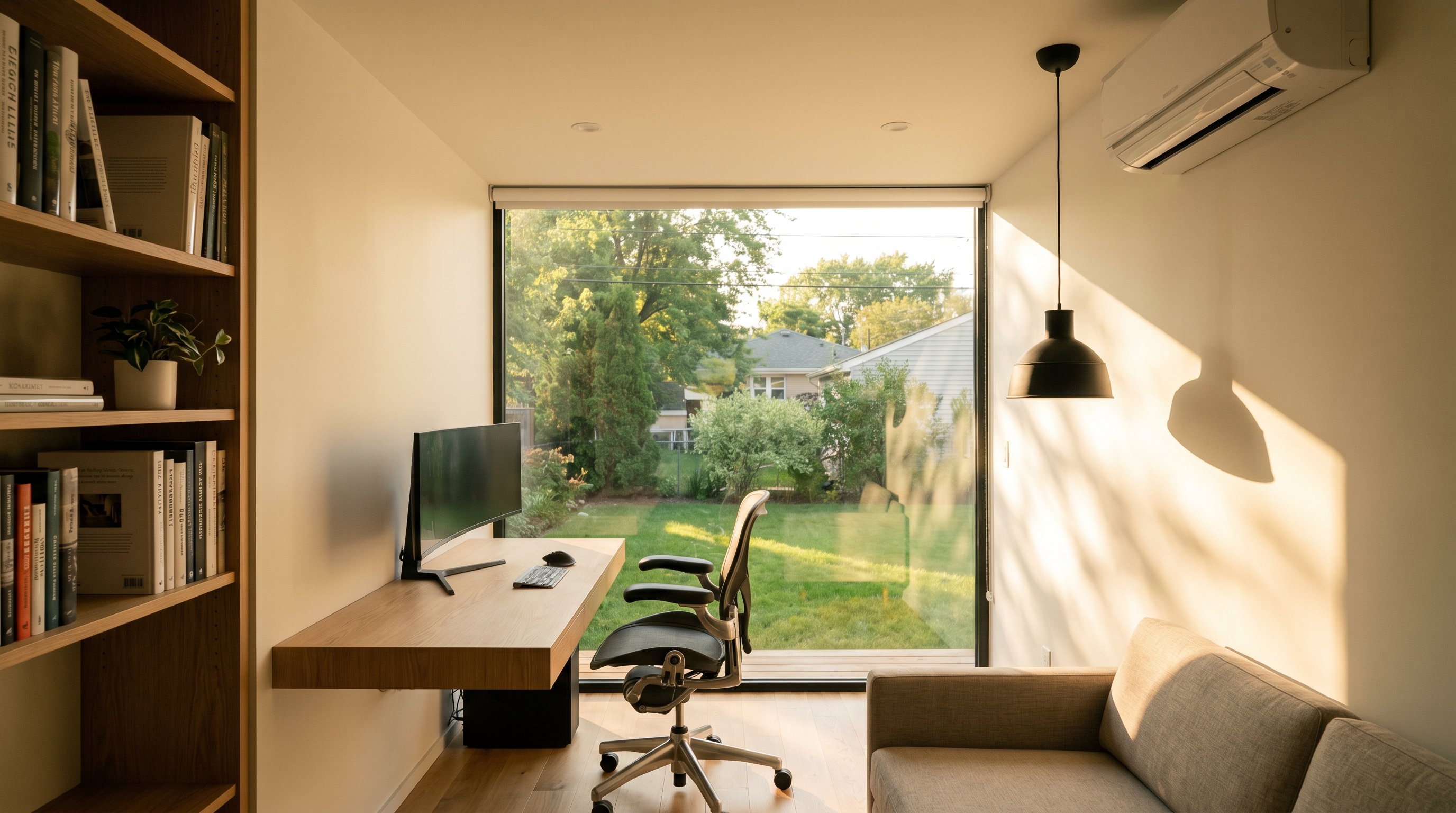 Interior of a 20ft container home office with a white-oak floating desk, ultrawide monitor, bookshelf, and floor-to-ceiling window looking onto a green backyard in golden-hour light