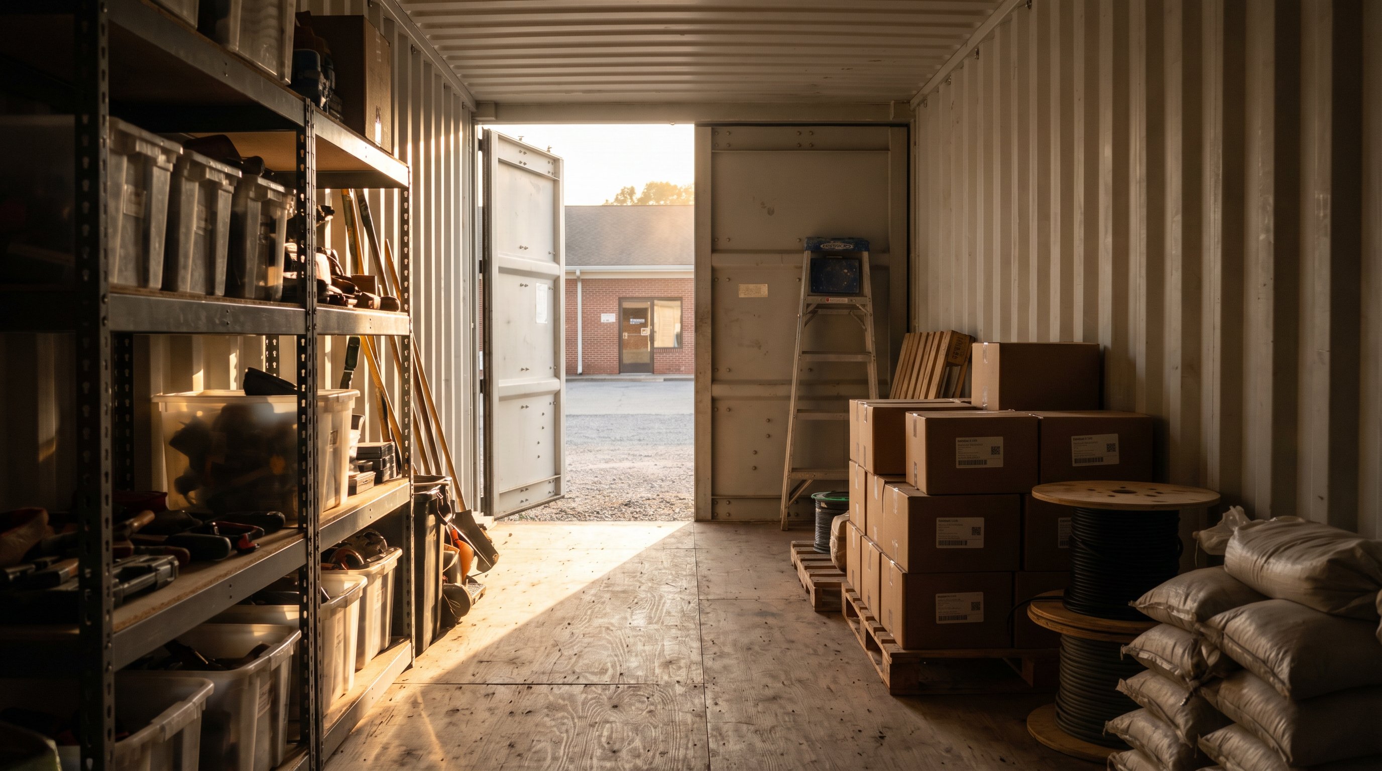 Organized interior of a 40ft shipping container used for on-site storage, with pallets, steel shelving, and tools