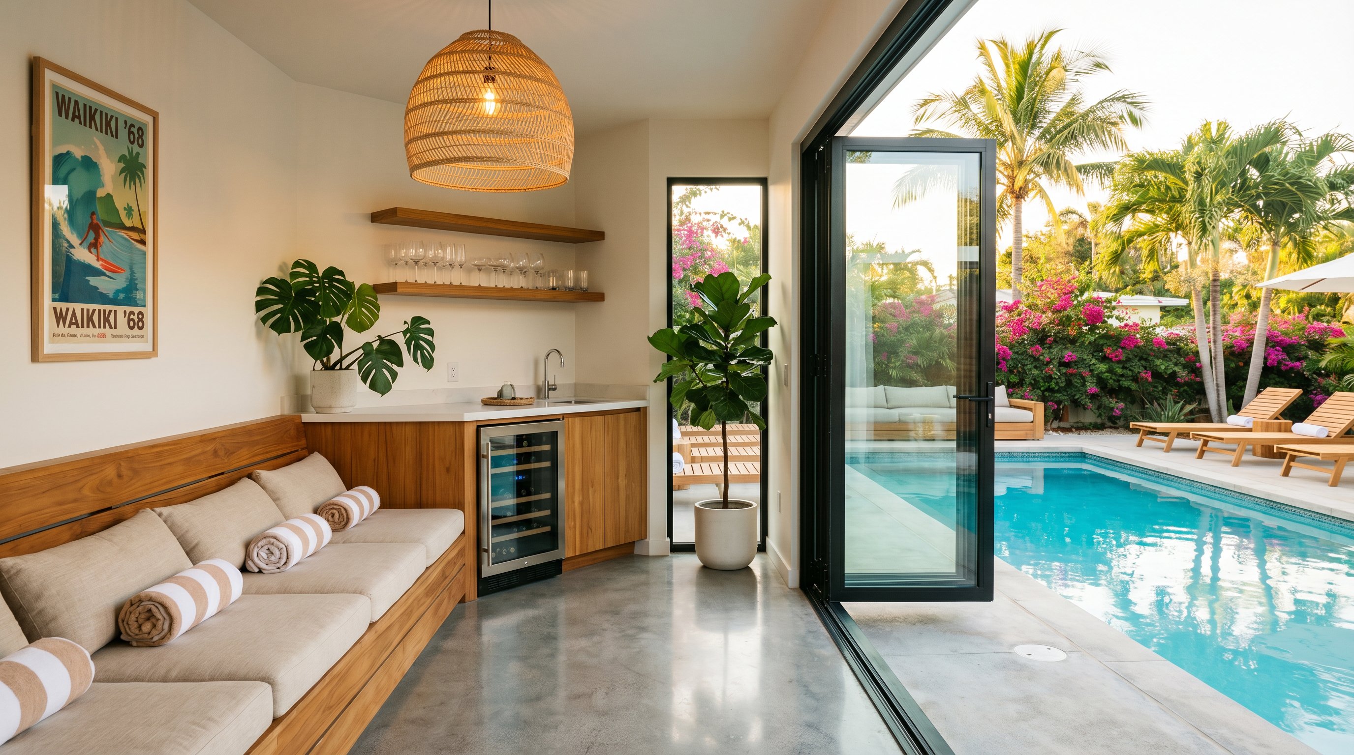Interior of a 20ft pool-house container with a teak bench, wet bar with wine fridge, rattan pendant, vintage surf art, and bi-fold glass doors opening to a turquoise pool with teak loungers and palms