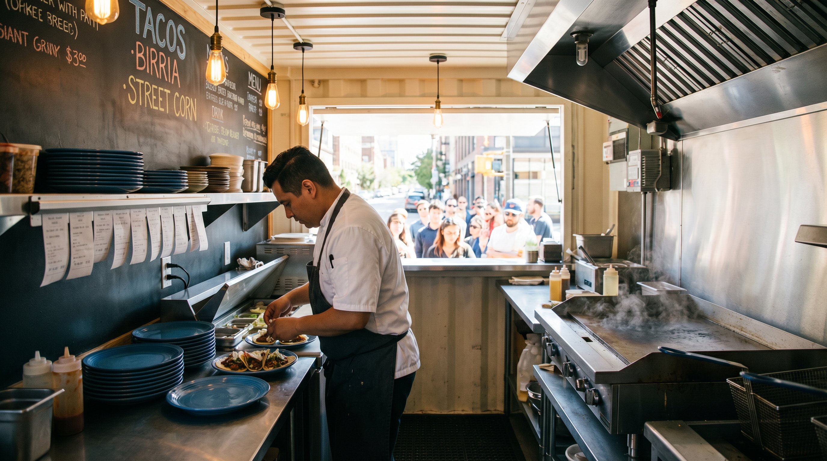 Interior of a 20ft shipping container takeout kitchen with a stainless steel counter, flat-top grill, chef plating tacos, chalkboard menu, and pass-through window to a sunlit urban street