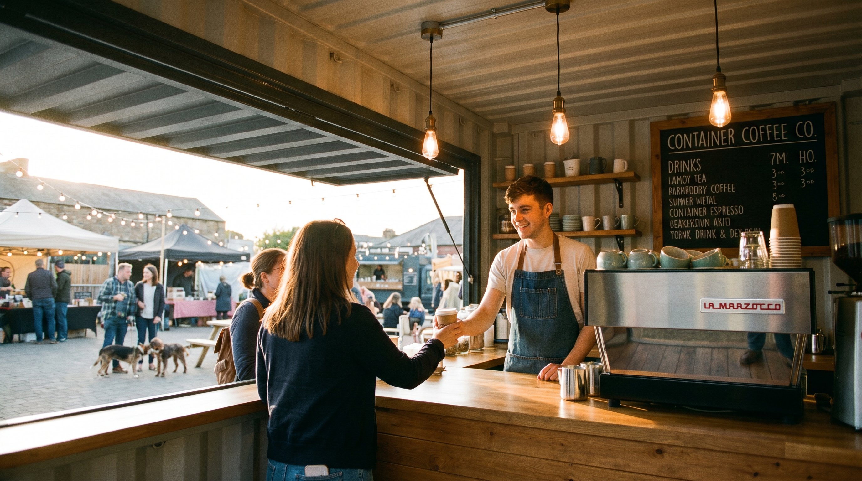 Interior of a 20ft shipping container retail coffee shop, viewed from inside looking out through the serving window onto a trendy outdoor market with string lights