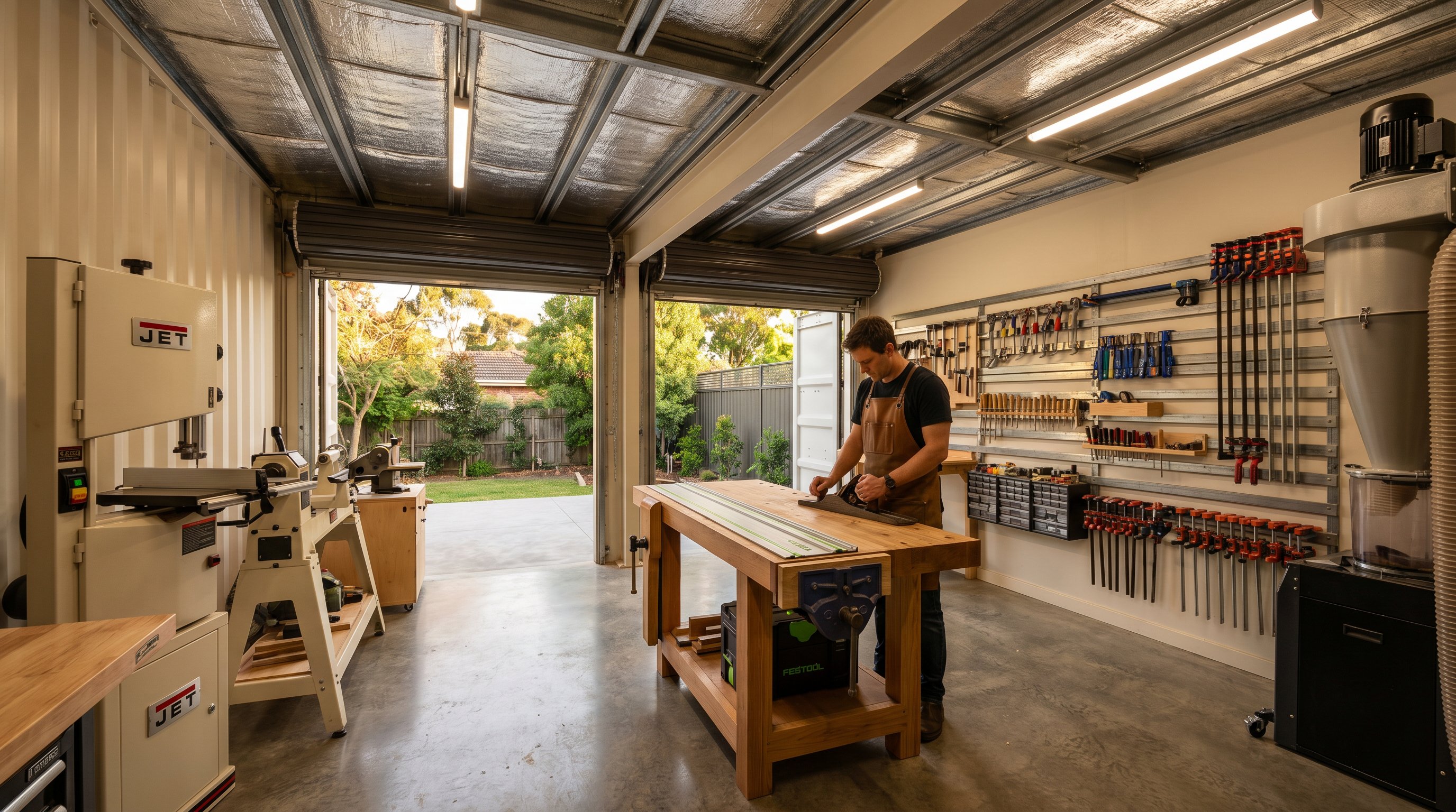 Interior of a 40ft high-cube container converted into a premium maker workshop with French-cleat walls, a central workbench, a Jet bandsaw, and open double-doors revealing a suburban backyard in late-afternoon light